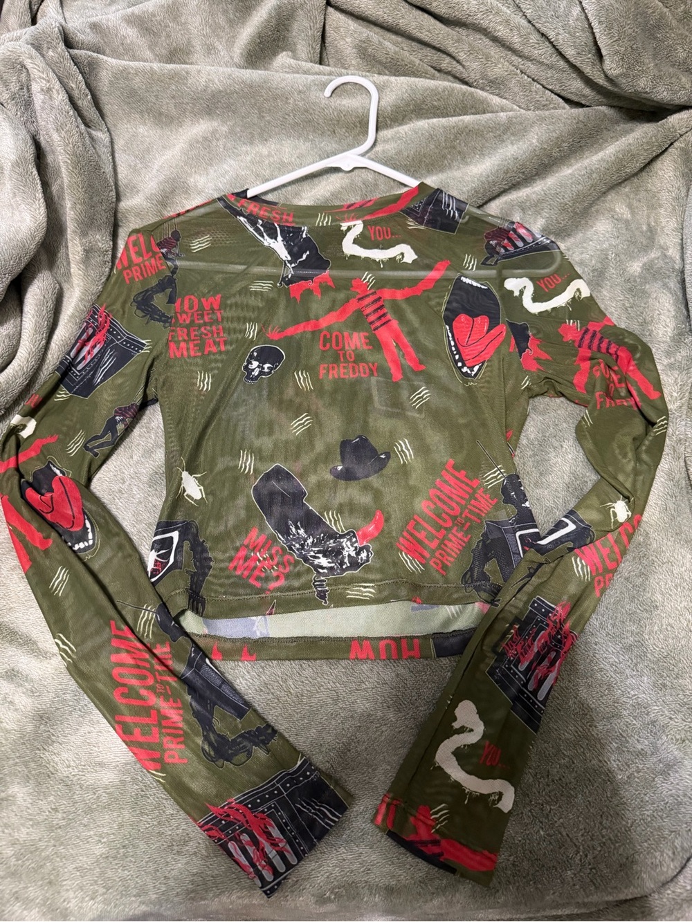Kids Olive Green 'Come to Freddy' Graphic Long-Sleeve Top